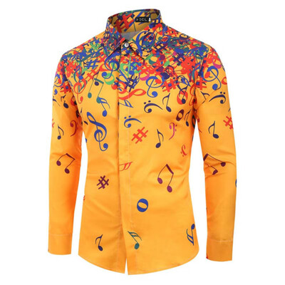

2019 New Autumn Men Fashion Casual Musical Note Printed Shirt Long Sleeve Button Slim Fit Shirt Tops