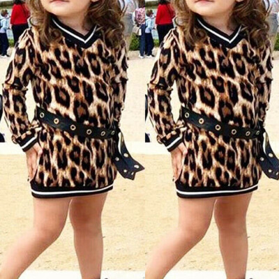 

Kids Baby Girl Leopard Print Clothing V-Neck Sweater Dress Belt Set