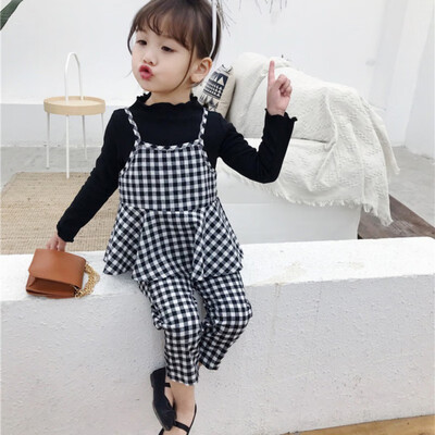 

Children Set 1-7T Baby Girl Dress New Autumn Plaid Print Pants Cotton Long Sleeve T-shirt Round Collar Sling Vest Soft Three-pie