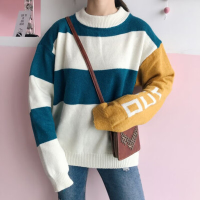 

Casual O-Neck Loose Striped Pullovers Fashion Women Autumn Sweaters Letter Long Sleeve Knitted Tops