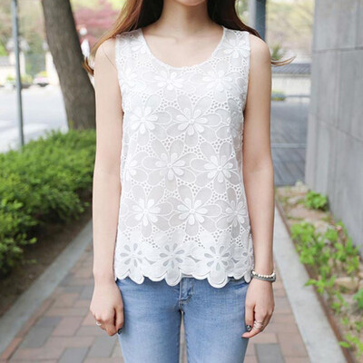 

Women Tank Top Lace Blouse Lady Fitness Elegant Flower Embroidery Tube Top Slim O-neck Sexy Top Large Size
