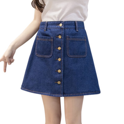 

New harajuku summer Womens ladies A-line Pencil Jeans Skirt Front Button High Waist Denim small pockets Skirt black white