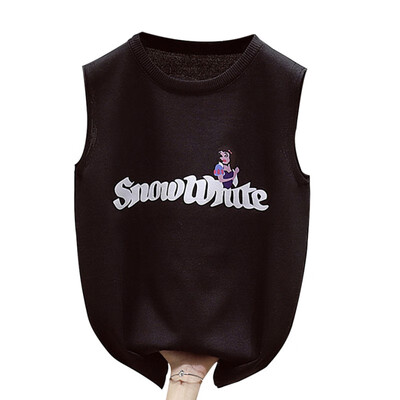 

Women Summer Casual Sleeveless O-Neck Pullover Letter & Cartoon Print Slim Knitted Female Tank Top