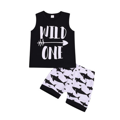

Summer Children Baby Boys Casual Sleeveless Letter Vest TopsFish Print Shorts Suits Costume Set