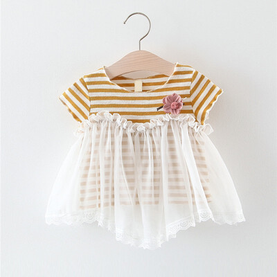

Children Summer Girls Fashion Lovely Dress Cute Stripe Print Mesh Stitching Bottoming Short Sleeved Sweet Princess Dress