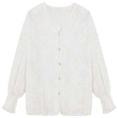 

Women Long Sleeve White Lace Blouse Tops Sweet Ladies Fringed Feather Perspective V Neck Blouses Elegant Solid Chiffon Shirts