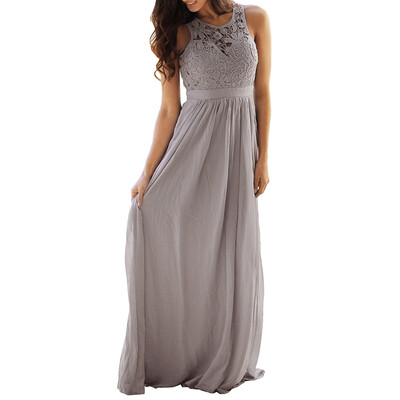 

Women Hollow Out Gir Lady Bridesmaid Prom Evening Party Backless Round Neck Sleeveless Lace Sundress Long Maxi Dress