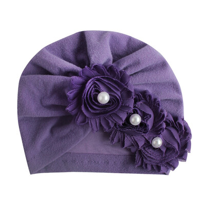 

2019 Hot Sale Summer New Cute Baby Girl Hat Comfortable Breathable Solid Color With Flower Pearl Candy Color Turban Elastic Cap