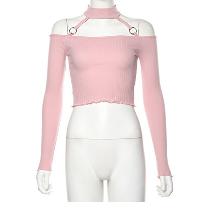 

Women Autumn Korean Solid Color Long Sleeve Pink Short T shirt Off Shoulder Tops Cotton Knitted Thread Slim Ruffles Slim Tee