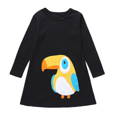 

Children Spring Autumn Girls Parrot Print Cotton Long Sleeve Round Collar Casual Dress