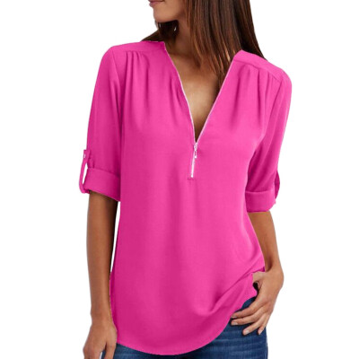 

Plus Size  Womens Blouse Tops Female Casual Long Sleeve Solid Color Loose Chiffon Shirts Blouses Ladies V-Neck Zipper Blouse