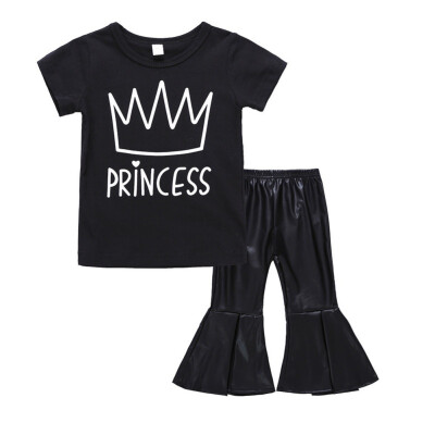 

2 PCS Baby Girl Clothes Set Black Letter T-shirt PU Bell-Bottom Pants Fashion Baby Clothes Set Princess Girl Clothes