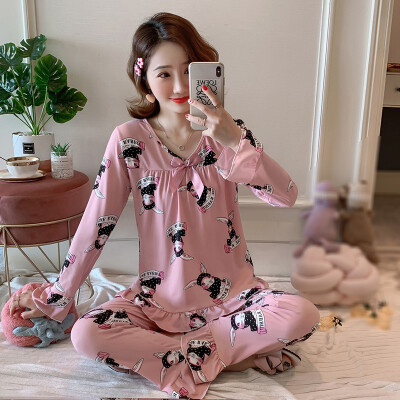 

Autumn Women Pajamas Sets Flower Print Fashion Bow Luxury Female Faux Silk Two Pieces Shirts Pants Nighties Sleepwear