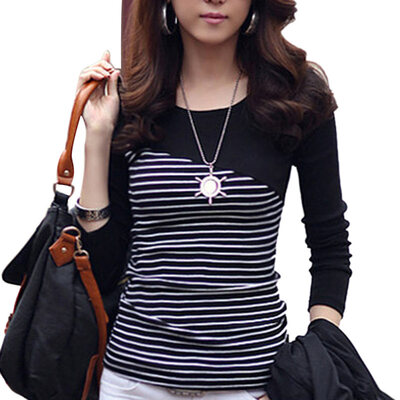 

Fashion Spring Women Stripe Print Long Sleeve Round Neck T-Shirt Slim Fit Top