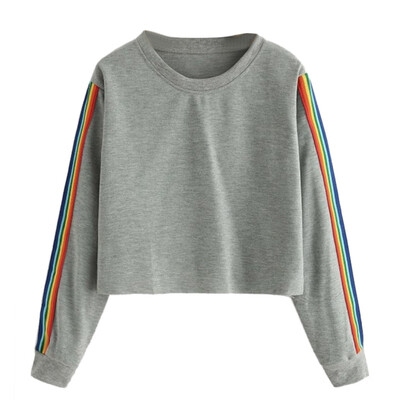 

Women Autumn Winter O-neck Plus Size Loose Long-sleeved Short Color Strip Sweatshirt Sweet Tops