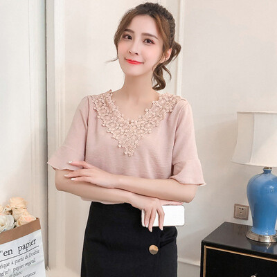 

2019 New Summer Pearl Sleeve Loose Women Blouses Shirt White Shirt Korean Chiffon Shirt Small Fresh Tops Female For Women