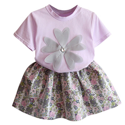 

Children Girls Casual Summer Flower Print Short Sleeve T-shirtFloral Skirts Suits 2Pcs Costume Set Princess Dress