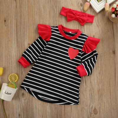 

UK Sweet Newborn Baby Girl Striped Love Skirt Headband Outfits Clothes Dress Top