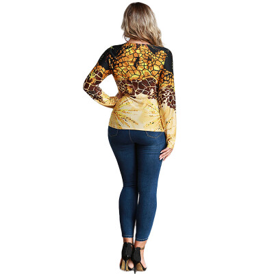 

Fashion Women Plus Size Leopard Print V Neck Long Sleeve T-Shirt Twisted Front Oversize Tops Pullover Yellow