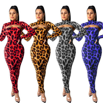 

UK Womens Sexy Leopard Long Dress Bodycon Long Sleeve Evening Party Cocktail