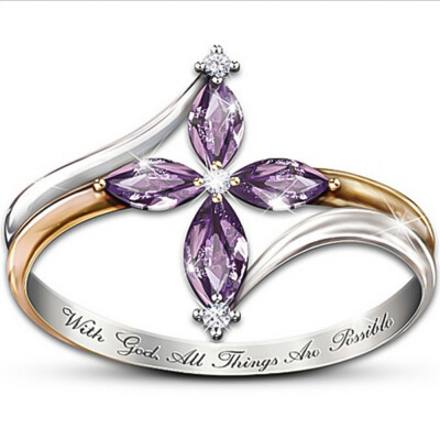 

With God All Things Are Possible" Women Cross Amethyst Ring Jewelry