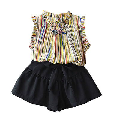 

Baby Girls clothes Set Fashion Striped Chiffon Sleeveless Tops Foreign Shorts Two-Piece Set