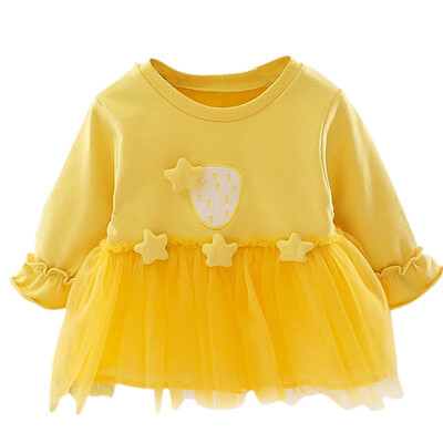 

2 Color Autumn Casual Baby Girls Dress 6M-3Y Kids Strawberry Pattern Long Sleeve Patchwork Mesh Dress Toddler Girl Party Dress