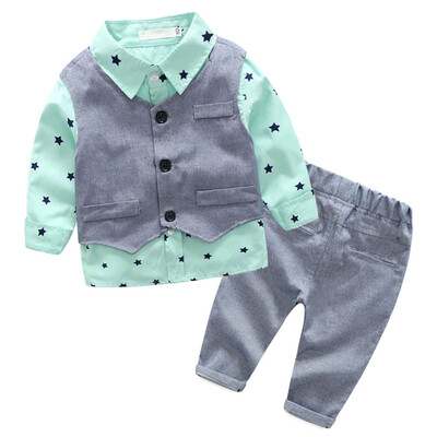 

3 PcsSets Autumn Baby Boy Clothing Set Star Print Shirt Gray Vest Pants Gentleman Children Clothes Set