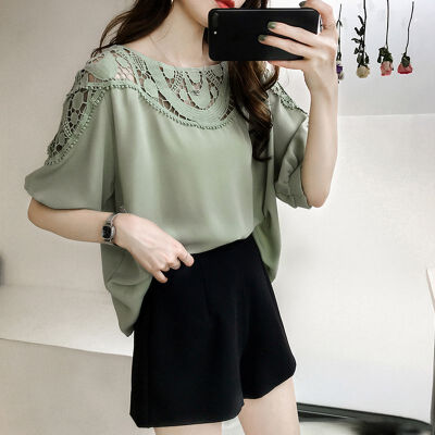 

Women Summer Solid Color Tops Flower Hollow Round Neck Chiffon Female Blouse Loose Lady Blouse Vintage Short Sleeve Top