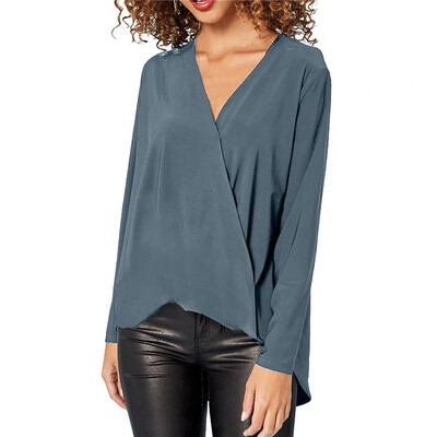 

EFINNY Sexy V Neck Women\s Blouse Solid Chiffon Long Sleeve Fashion Blouses Lady Shirt Blusas Femininas