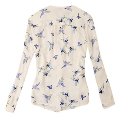 

Spring Summer New Women V-Neck Long Sleeve Shirts Chiffon Blouse Flying Birds Printed Slim Tops