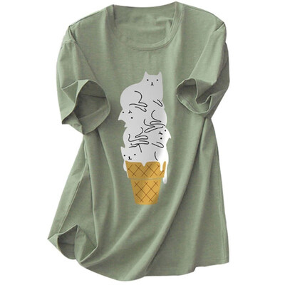 

Funny Cartoon Cat Ice Cream Print Summer T-Shirt Women Short Sleeve O-Neck Top