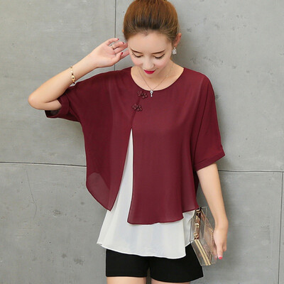 

Women Fashion Summer Loose Casual Lady Chiffon Blouses Shirt Batwing Short Sleeve Two Layer -4XL Plus Size Top for Female