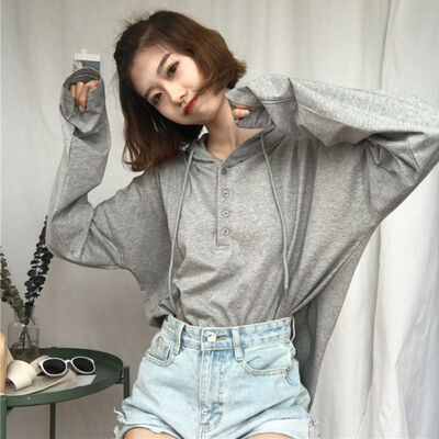 

Korean Style Fashion All-match T-shirt Solid Color Thin Hoodie Simple Casual Long-sleeved Women Hooded T-shirt