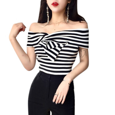 

Black And White Off Shoulder Crisscross Front Striped Short Sleeve T-shirt Women Summer Temperament Slim Slash Neck Tops Female