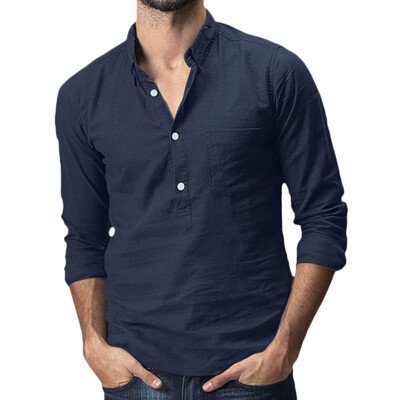 

Toponeto Mens Baggy Cotton Linen Solid Pocket Long Sleeve Turn-down Collar T-Shirts Tops