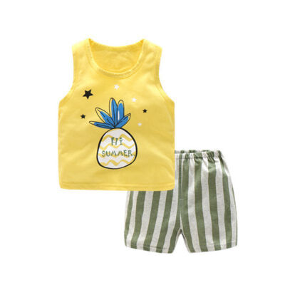 

Summer Kid Clothing Casual Yellow Pineapple Letter Print VestStriped Shorts 2pcs Child Clothes Suit Hot Children Clothes