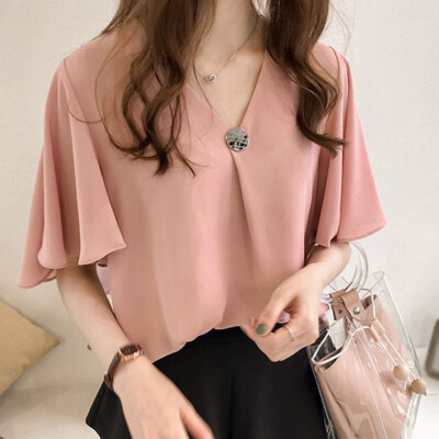 

Hot Sale New Loose Casual V-neck Butterfly Sleeve Half-sleeved Chiffon Shirt Fashion Sweet Solid Color Womens Plus Size Blouse