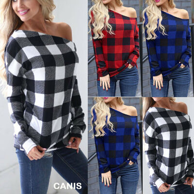 

New Womens Off Shoulder Long Sleeve Plaid Print Shirt Ladies Tops Loose Blouse