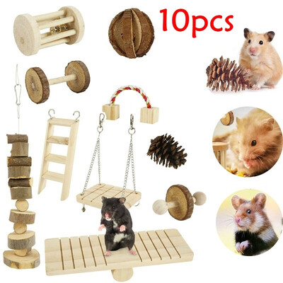 

10 Pcsset Hamster Toy Set Natural Wooden Exercise Bell Roller Toy Wooden Dumbbells Teeth Care Molar Toy