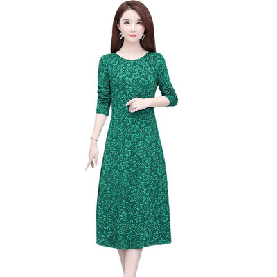 

Women Floral Fashion Dress Autumn Long Sleeve Women Dress Round Neck Flower Mid-long Dress