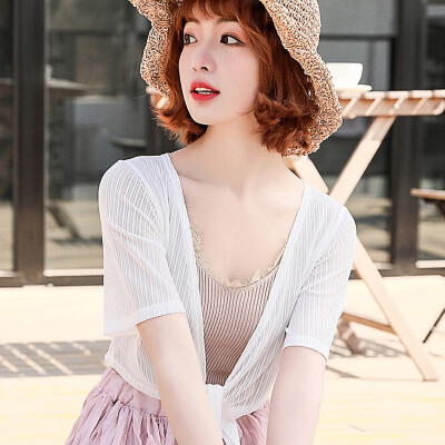 

2019 summer women sunscreen short sleeved little shawl hollow out thin cardigan chiffon top fashion see through top For Women