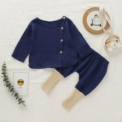 

Sweet Newborn Kid Baby Boy Girl Clothes Cotton Linen T-Shirt Top Pants Leggings suit 2Pcs Cute Plain Outfit Sets 3-24M