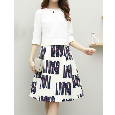 

Womens Round Neck Solid 34 Sleeve T-Shirt High Waist Midi Skirt Two-Piece Sets Sweet Pullover Slim Sets