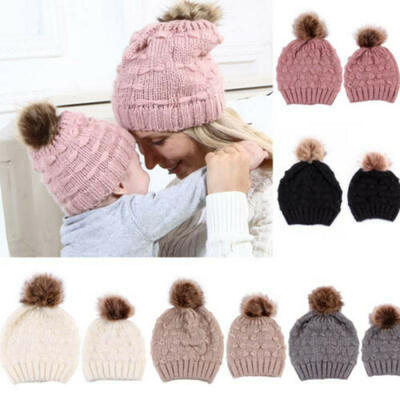 

Kids Baby Boys Girls & Mom Hat Set Knitted Winter Warm Hats Soft Beanie Cap 2PCS