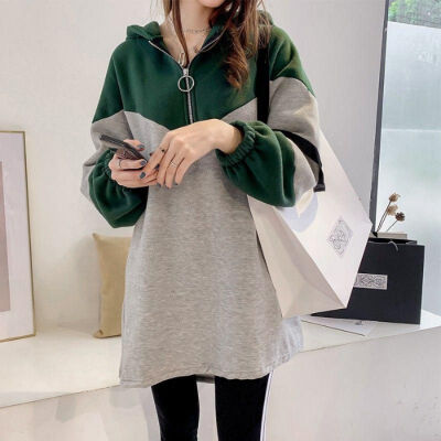 

New Casual Fashion Patchwork Color Hoodies Sweatshirt Women Long Sleeve Zip Pullover Mid Long Tops Outwear Coat