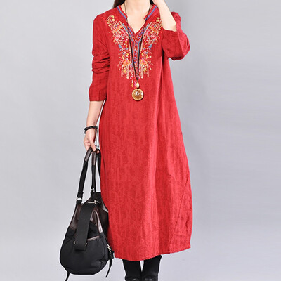 

Tailored Women Casual Embroidered Loose Long Dress V-neck Long-sleeve Pocket Dress