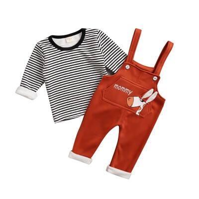 

Autumn Baby Girls Boys Long Sleeve Striped Print Thicken Blouse Tops Cartoon Suspenders Pants Casual Outfits Set