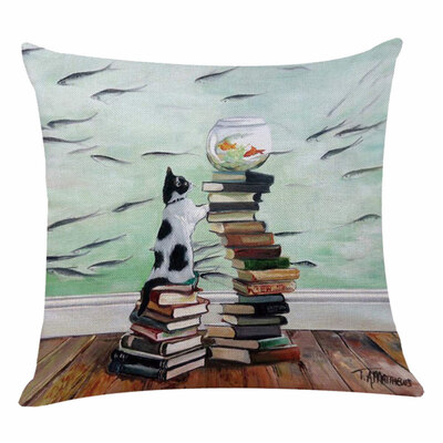 

Cartoon Cat Fish Linen Throw Pillow Case Sofa Cushion Cover Home Office Decor