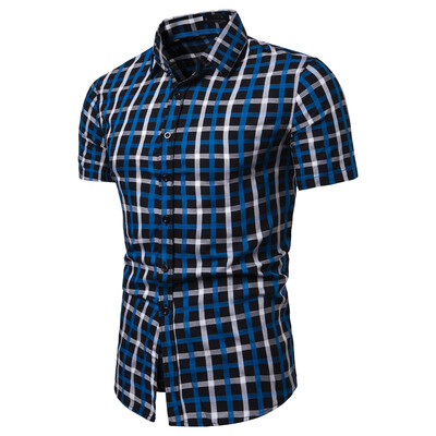 

Tailored Mens Lattice Splicing Pattern Casual Fashion Lapel Short Sleeve Shirt
